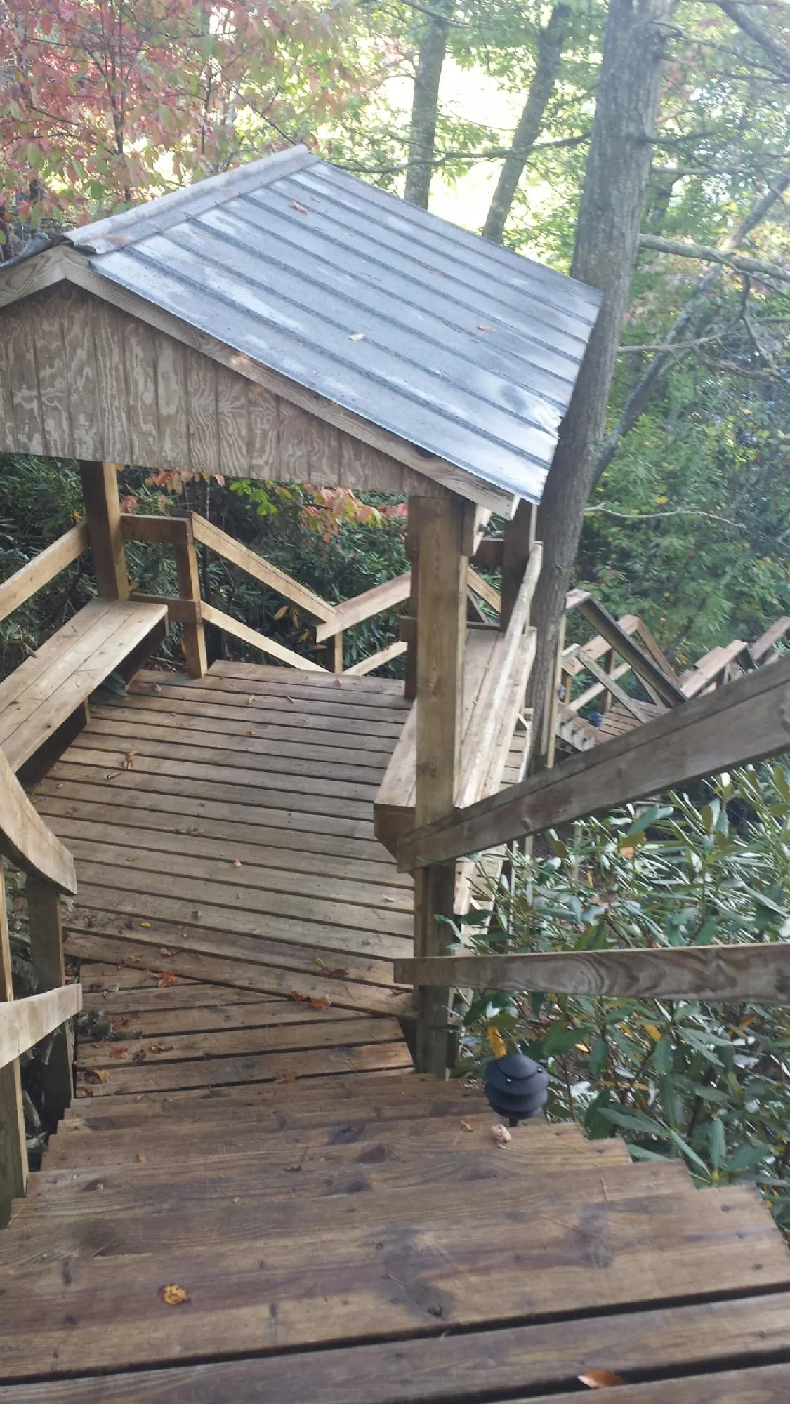 Metal roofed shelter over wooden steps on a wooded walkway — Skylight Repair & Installation work by our crew in Hagerman